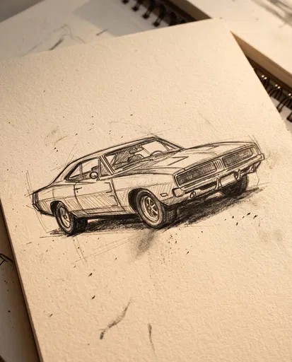 Graphite Sketch of Classic Muscle Car