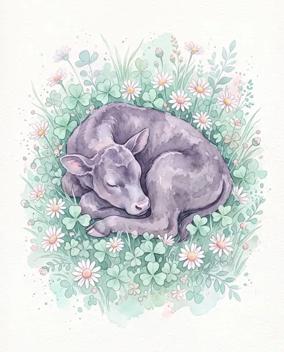 Watercolor Sleeping Calf in Clover and Daisies