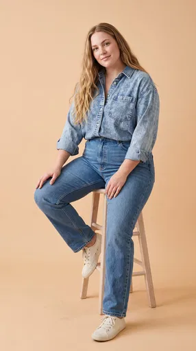 Plus-Size Woman in Denim on Studio Stool