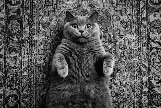 Chubby Cat Lying On Back In Monochrome