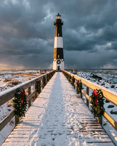 Christmas Decorated Lighthouse on Snowy Coast