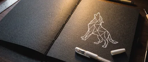 Geometric Wolf Drawing in Black Sketchbook