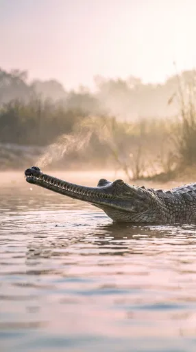 Gharial Exhaling Mist in Morning River