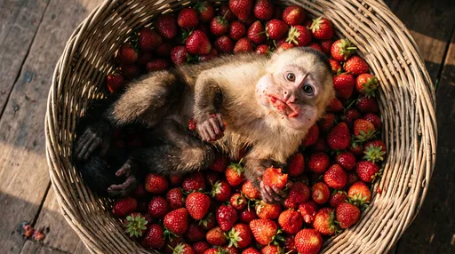 Capuchin Monkey Eating Strawberries in Basket