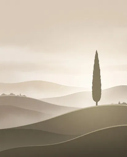 Minimalist Cypress Tree on Rolling Hills