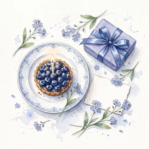 Watercolor Blueberry Tart Birthday Flat Lay