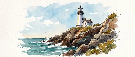 Watercolor Sketch of Coastal Lighthouse on Cliffs