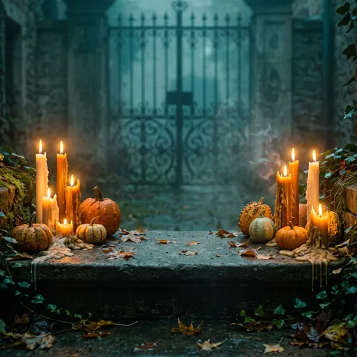 Spooky Stone Step With Candles and Pumpkins