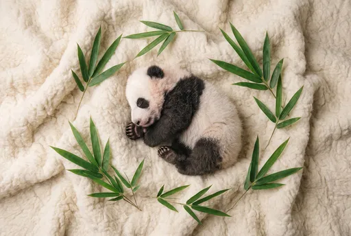 Sleeping Baby Panda on Cream Blanket