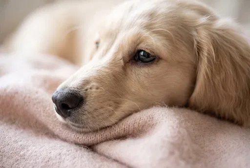 Cream Puppy Resting on Pink Blanket