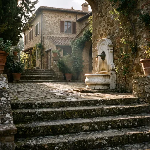 Sunlit Tuscan Villa Courtyard With Marble Fountain