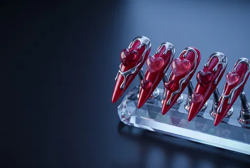 Red and Chrome Heart Nail Art Display