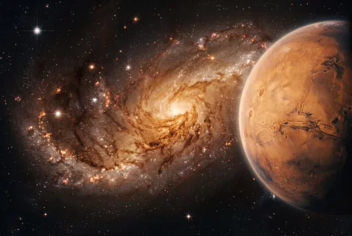 Terracotta Planet Before Amber Spiral Galaxy
