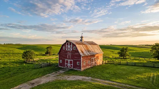 Vintage Red Barn in Rolling Pasture