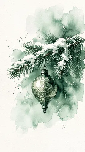Green Watercolor Christmas Ornament on Pine Branch