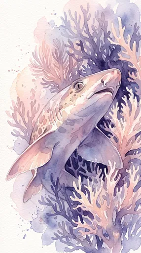 Pastel Watercolor Catshark in Coral Reef