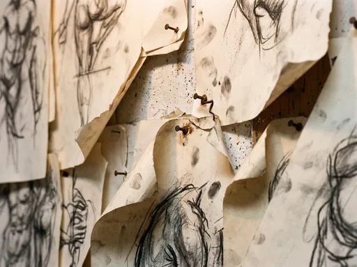 Charcoal Sketches Pinned to Studio Wall