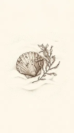 Stippled Scallop Shell and Seaweed Illustration
