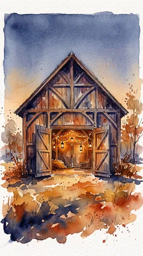 Watercolor Rustic Barn with Glowing Lights