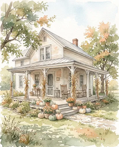 Watercolor Autumn Farmhouse Porch with Pumpkins