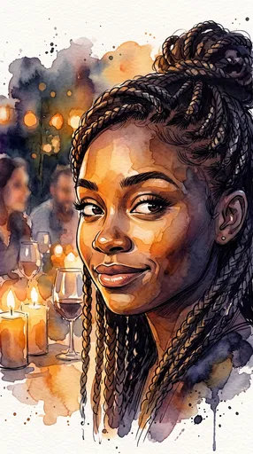 Watercolor Portrait of Woman at Candlelit Gathering