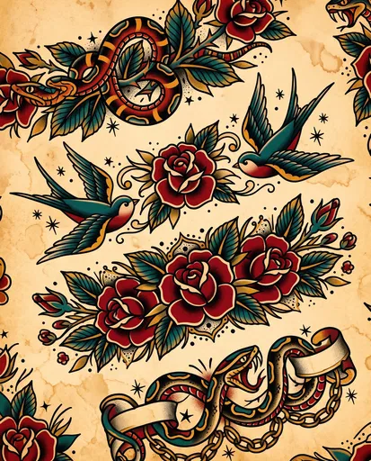Traditional Tattoo Flash Sheet on Parchment