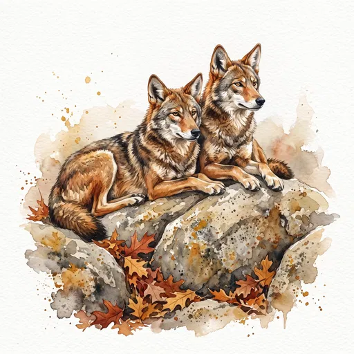 Watercolor Illustration of Two Red Wolves