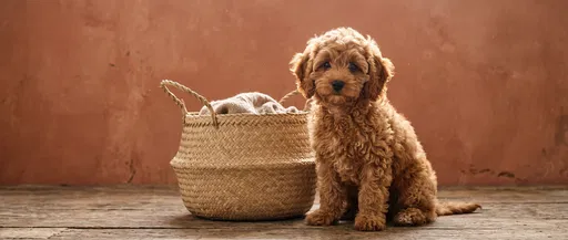 Caramel Cavapoo Puppy Beside Woven Basket
