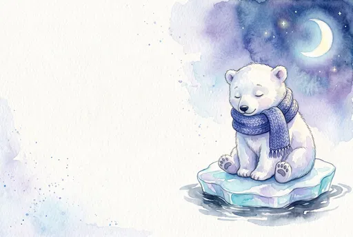 Watercolor Sleepy Polar Bear Under Crescent Moon