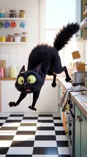 Startled Black Cat Jumping in Kitchen