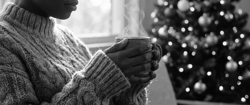 Woman Holding Steaming Mug Near Christmas Tree