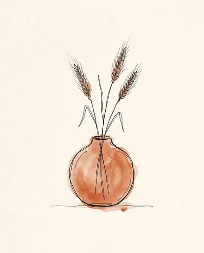 Minimalist Ink and Watercolor Wheat Vase