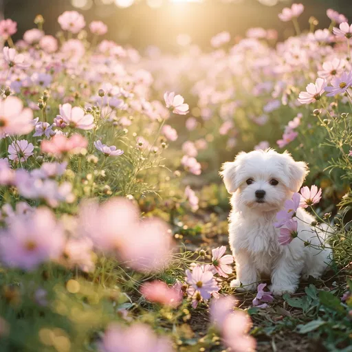 White Maltese Puppy in Cosmos Field