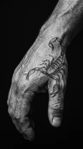 Monochrome Hand With Dotwork Scorpion Tattoo