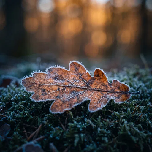 Frost-Rimmed Oak Leaf on Forest Moss