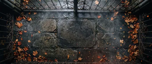 Top-Down Autumn Courtyard Flagstones and Iron Gate