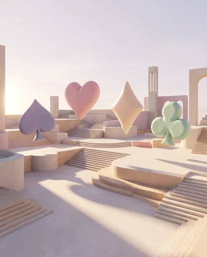 Pastel Playing Card Suits Over Stepped Architecture