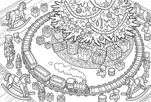 Christmas Tree and Train Coloring Page
