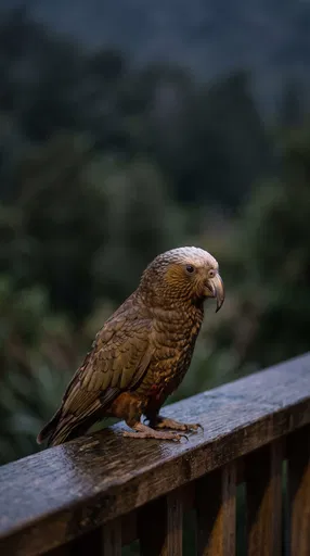 Kaka Parrot on Wooden Railing at Dusk