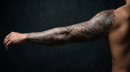 Muscular Arm With Mandala Sleeve Tattoo