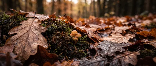 Macro Autumn Oak Leaves and Tiny Mushrooms