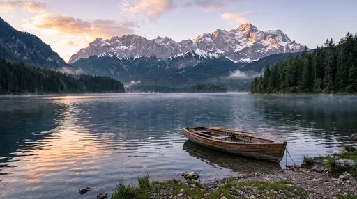 Wooden Rowboat on Alpine Lake at Sunrise