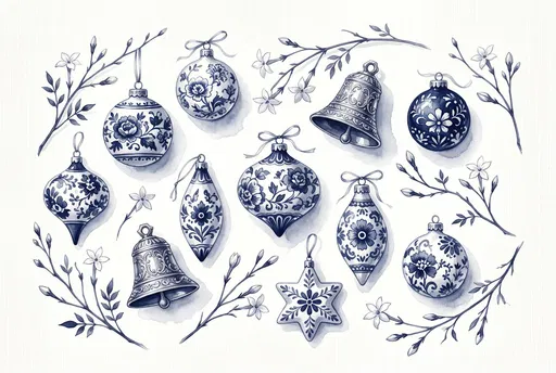 Indigo Watercolor Christmas Ornaments Flat Lay