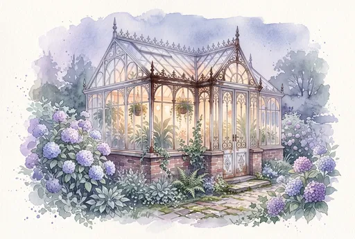 Watercolor Illustration of Victorian Greenhouse and Hydrangeas