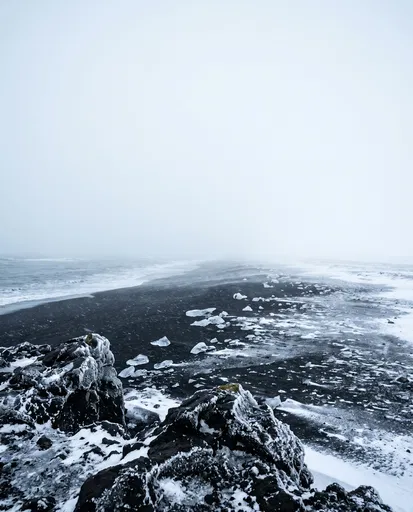 Frosty Black Sand Beach in Fog