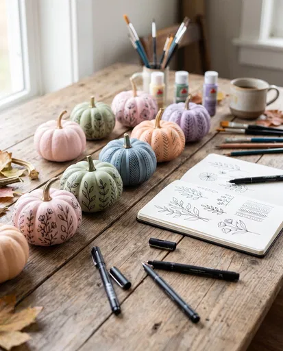 Pastel Pumpkins With Botanical Line Art