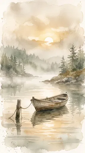Watercolor Wooden Boat in Misty Cove