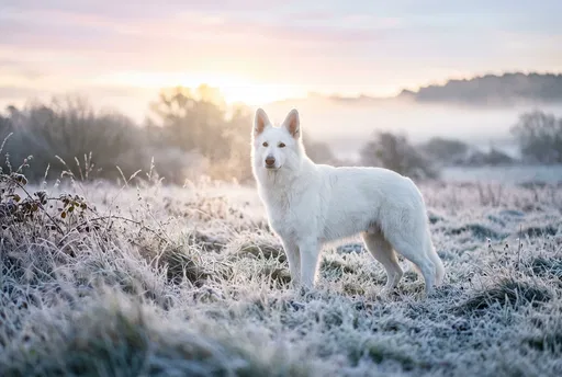 White Shepherd in Frosted Dawn Meadow