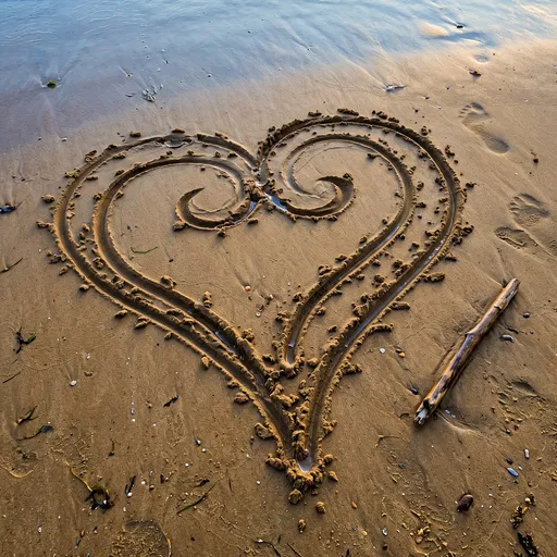 Swirled Heart Drawn in Wet Beach Sand