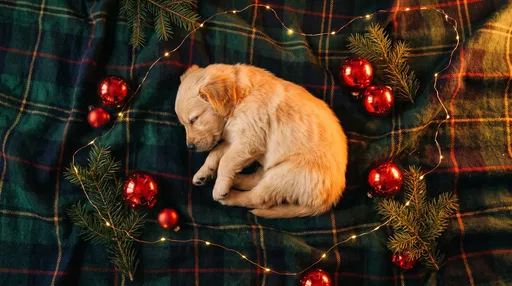 Sleeping Golden Retriever Puppy on Christmas Blanket